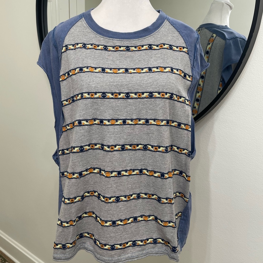 Free People Blue/Gray Groovy Embroidered Stripe Oversized Tee - Picture 4 of 9